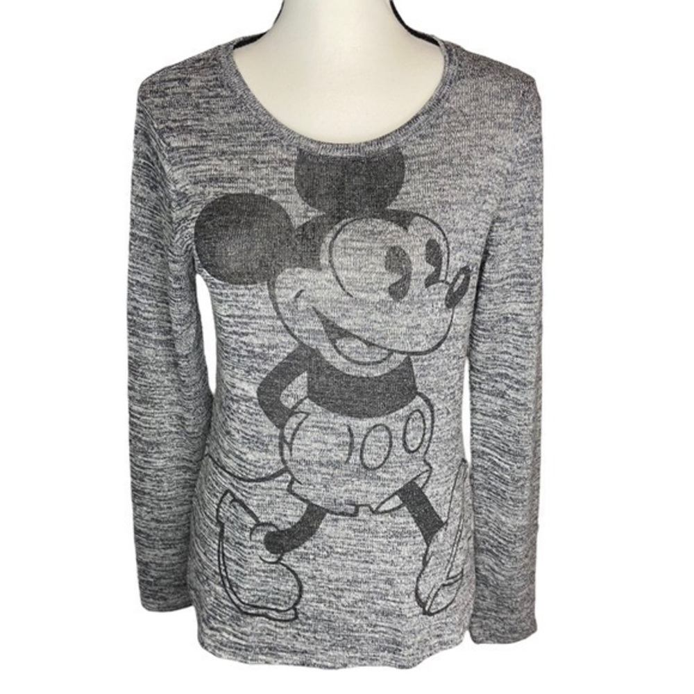 Disney Grey Mickey Mouse Graphic Top Women Size M Long Sleeve Heathered Slit Hem